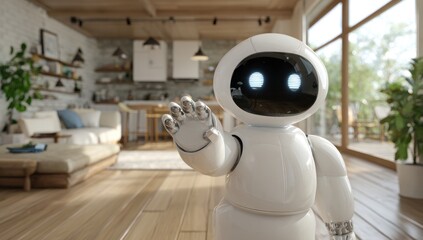 Friendly Robot in a Modern Home Interior, Welcoming Gesture.
