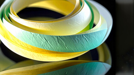 Concentric paper rings with crinkled texture. Abstract geometric design in yellow, mint, and white. Minimalist art, eco concept, and creative craft background.