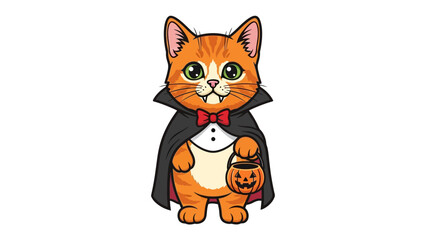 Spooky Kitten: A cute orange kitten dressed in a vampire costume stands in anticipation, holding a pumpkin-shaped candy bucket, ready for a night of trick-or-treating. © Nadim