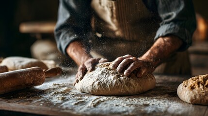 Rustic bread baking process with flour and dough. Artisan baker kneading homemade bread dough