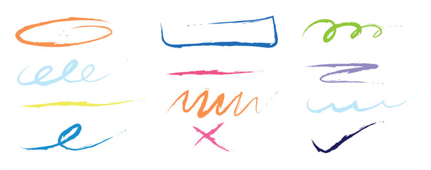 Colorful abstract brush strokes and doodle scribbles. Hand drawn paint textures, markers, and highlighter shapes for creative design, posters, and digital art. Vector illustration