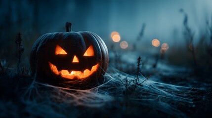 Naklejka premium Halloween night with spooky pumpkin lantern. Scary pumpkin with candle inside at night