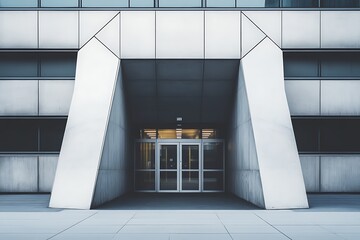 Modern corporate exterior featuring angular designs and expansive windows