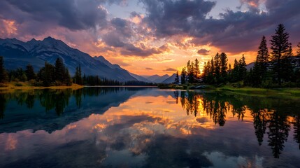 Fototapeta premium Scenic mountain landscape with glowing horizon. Sunset reflections on calm mountain lake