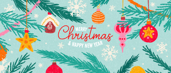 Merry Christmas and Happy New Year web banner or greeting card, poster. Holiday trendy Xmas art hand drawn crayon design. Vector modern background with Christmas fir tree branches, balls and snowflake