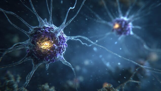 Detailed 3D rendering of active neurons in the human brain, showcasing intricate neural network connections and glowing impulses. - Powered by Adobe