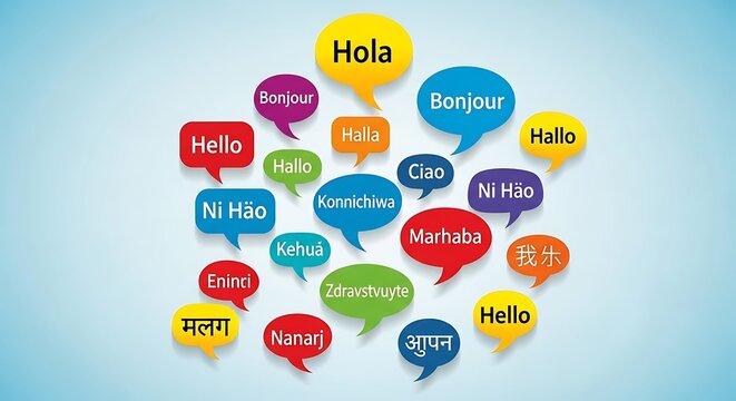 Collection of Speech Bubbles with Greetings in Various Languages.