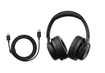 Matte black wireless over-ear headphones and a coiled USB-C cable, isolated on seamless transparent, 45-degree angle, no shadows. Concept for high-end product advertising