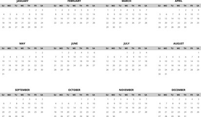 2026 Calendar template. Calendar 2026 - 12 months yearly calendar in year 2026 - planner calendar. Vector illustration for print, web, mobile app on transparent background
