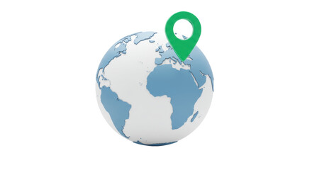 Globe with green location pin isolated on transparent background, world map 3D render for travel and navigation concepts