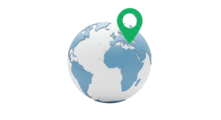 Globe with green location pin isolated on transparent background, world map 3D render for travel and navigation concepts