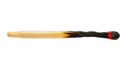 Burnt matchstick isolated on transparent PNG, charred wood stick with red tip for fire safety and caution concepts