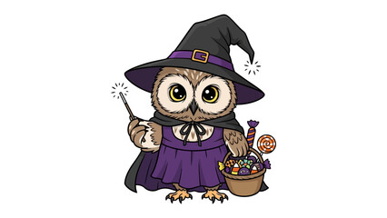 Naklejka premium Mystical Owl: A charming owl in a witch costume holding a magic wand and a basket filled with candies, set against the backdrop of Halloween. A whimsical celebration of spooky season.