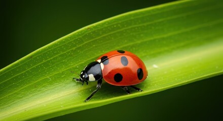 Closeup of a ladybug on a long green leaf, illuminated by natural light
