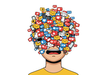 Person overwhelmed by social media notifications covering the head, symbolizing information overload and stress.