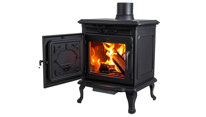 Burning wood stove, door open