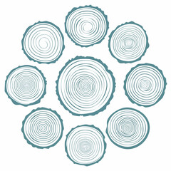 Tree ring wood circle set. Hand drawn tree ring pattern, line ripple circle wood texture. Wood organic slice line design. Vector illustration.