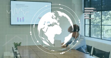 man typing generating globe and technology presentation charts, woman ending call, overlays fading - Powered by Adobe