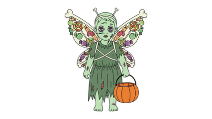 Zombie Fairy on Halloween: A unique depiction of a zombie fairy stands in its eerie glory, holding a traditional pumpkin bucket in anticipation of the spooky season. © Mahbuba