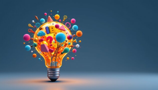A minimal and creative 3D illustration featuring a light bulb full of ideas, In a cheerful cartoon style