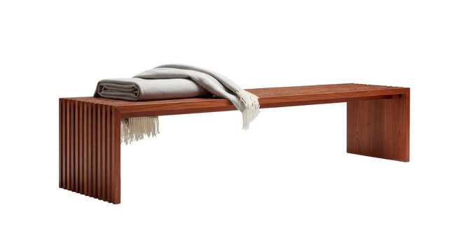 Long, contemporary reddish-brown wooden bench with slatted and block legs, a light beige linen throw on a seamless transparent background, shadowless high-key lighting product display concept