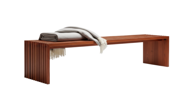 Long, contemporary reddish-brown wooden bench with slatted and block legs, a light beige linen throw on a seamless transparent background, shadowless high-key lighting product display concept