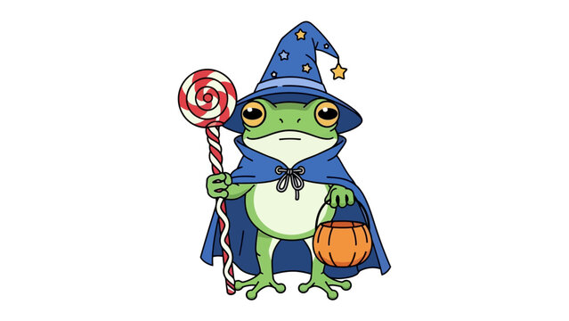Enchanted Frog Wizard: A whimsically illustrated frog dons a wizard's attire, complete with a pointed hat adorned with stars and a flowing blue cape. In one hand, it holds a lollipop.