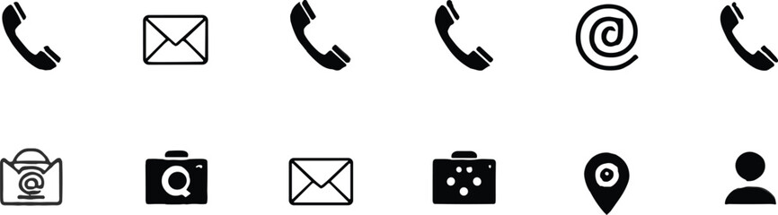 Communication icons set, phone symbol, email envelope, contact person, location pin, camera vector design collection