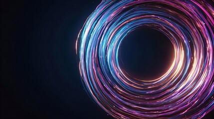 Glowing, looping filaments form a radiant vortex of color on a dark blue background, like a swirling energy field