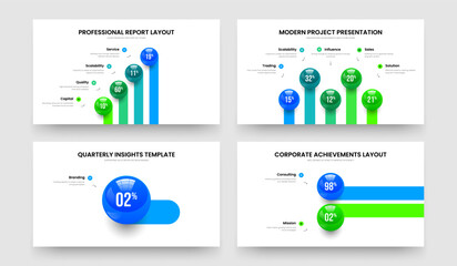 Corporate Portfolio 4 5 1 2 Option Chart Frame Design Collection. Advertising Launch Four Five One Two Step Infographic Slide Layout Vector Illustration Set.
