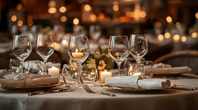 Elegant fine dining table setting with warm candlelight for a luxury celebration