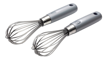 Two silver wire whisks on black