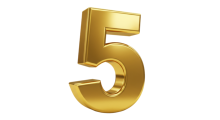 Golden number 5 isolated PNG on transparent background, shiny metallic digit for graphic design and decoration