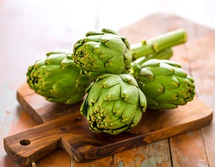 Obraz premium Fresh artichoke heads on a wooden board