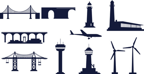 Infrastructure silhouette illustration, bridge design, tunnel entrance, lighthouse icon, dam structure, cityscape view, airplane graphic, crane image, wind turbine, engineering concept