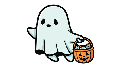 Fototapeta premium Friendly Halloween Ghost: A charming cartoon ghost carries a pumpkin-shaped candy basket, embodying the playful spirit of Halloween.