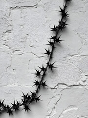 Black and white thorny vine on weathered wall