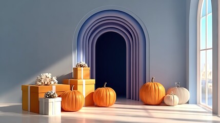 Minimalist Style Scene: Blue Background with Arch, Pumpkins (Next to Gift Boxes) & Balloons - For Festive Decor/Poster/Template Stock