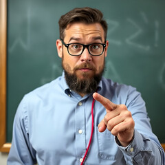 Bad teacher poinding  finger on you face.