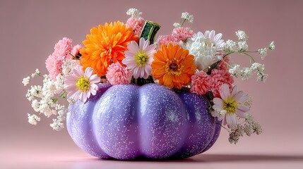 Minimalist Floating Purple Pumpkin: Flower Crown + Happy Expression, Purple-Orange Warm Tones, Solid Background (Rule of Thirds, Studio Lighting, High Detail) Dreamy Cute Stock