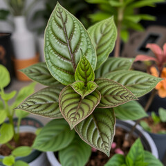 Close-up of topical houseplant with velvety dark green veined leaves in a flower pot, with other plants in a blurred room background.