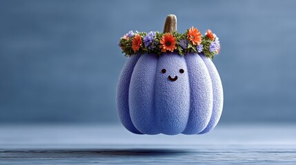 Minimalist Pastel-Style: Purple Pumpkin with Face & Flower Crown Floating on Solid Background - For Festive Decor/Poster/Design Stock