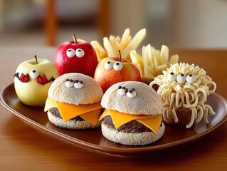 Fun Spooky Halloween-Themed Plate (Cozy Home Setting): Mini Burgers (Cheese Eye Shapes) + Monster-Head Wrapped Apples + Tentacle Ramen (Spider Legs) Cute Food Stock