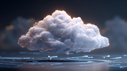 A fluffy white cloud with glowing edges hovering above a digital surface with lines
