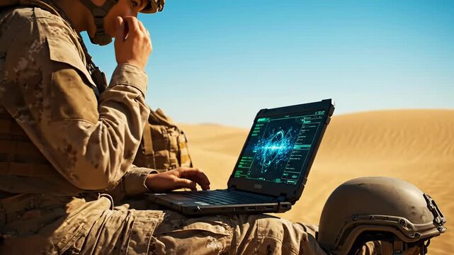 Soldier analyzing data on laptop in desert: technology in action amidst sandy terrain
