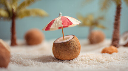A coconut with a miniature umbrella on a sandy surface with palm trees in the background