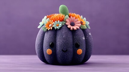 High-Res Hyper-Realistic Purple Pumpkin: Flower-Crowned Smiling Pumpkin Floating, Pastel Pink/Orange Tones (Purple/White Backgrounds) Minimalist – Ideal for Clean Energy Ad Campaign Stock