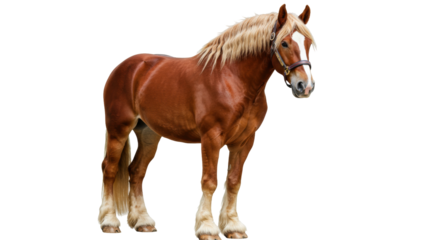Majestic chestnut draft horse isolated PNG, powerful equine breed with blonde mane on transparent background
