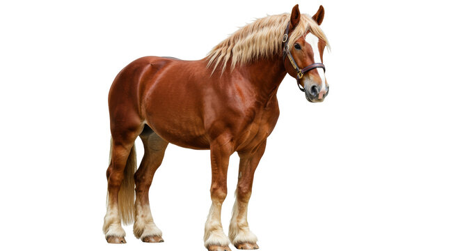 Majestic chestnut draft horse isolated PNG, powerful equine breed with blonde mane on transparent background
