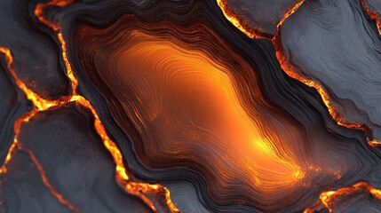 Abstract macro view of a glowing, fiery core within a layered, cracked, dark, textured rock formation